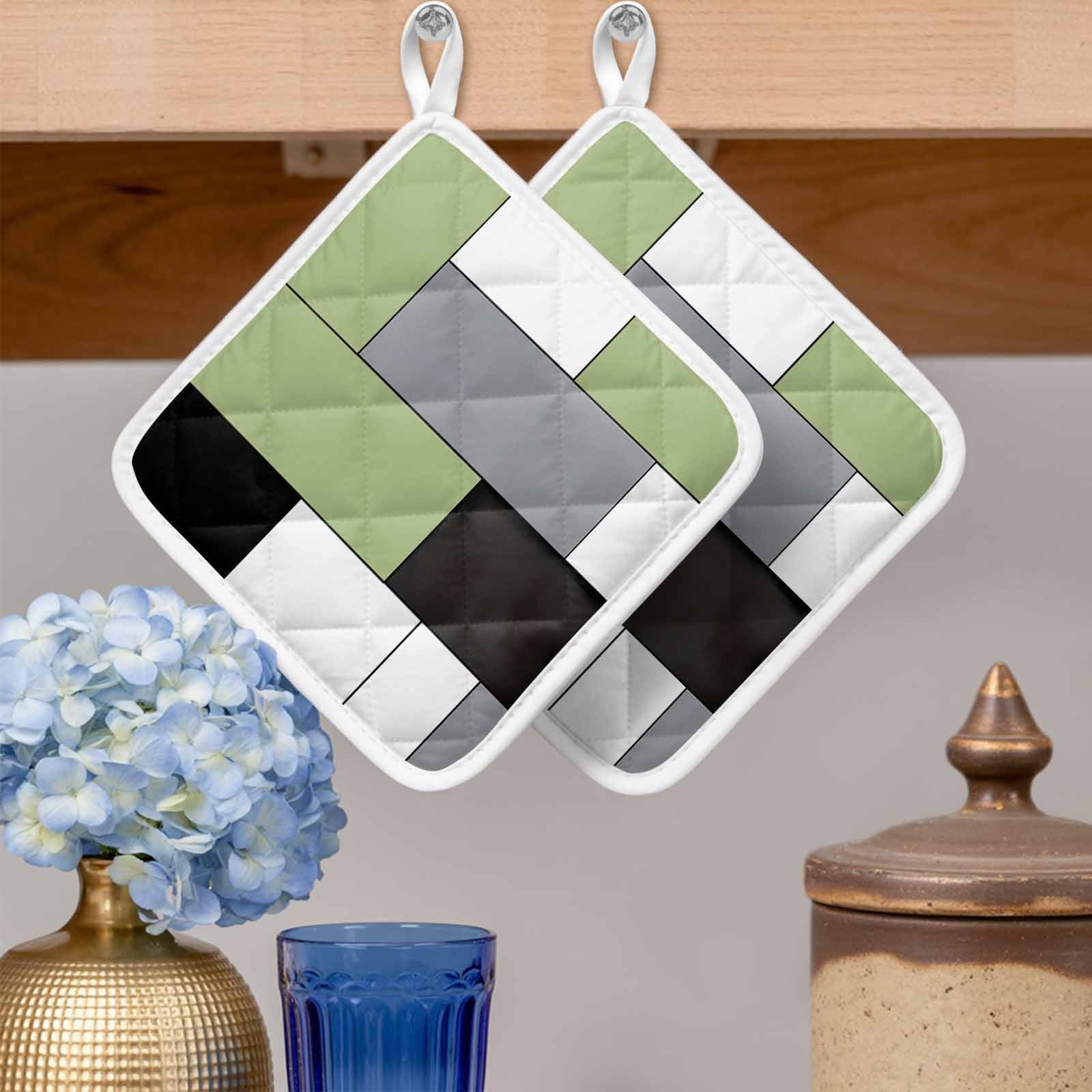 Sage Green Black Grey Pot Holders for Kitchen Heatproof Potholder, 3 Pack Modern Irregular Geometric Abstract Hot Pads Multipurpose Oven Pads Cloth Potholders Trivet for Cooking Baking