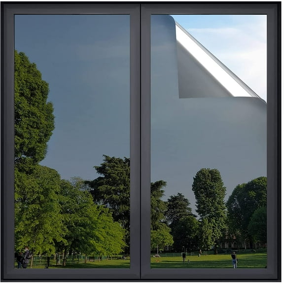 Window Privacy Film One Way Window Tint, Static Cling Sun Blocking Anti UV Glass Door Window Cover, Reflective Mirror Heat Control Tinting Film Home Office,17.5 Inch X 13.1 Feet, Black Silver