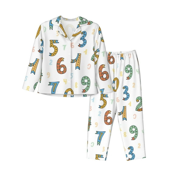 Pajamas for Women Set - Math number Print cartoon Comfy Long Sleeve Button Up Pajama Sets for Women 2 Piece, Soft Sleepwear Nightwear Pjs Lounge Sets for Women with Pockets