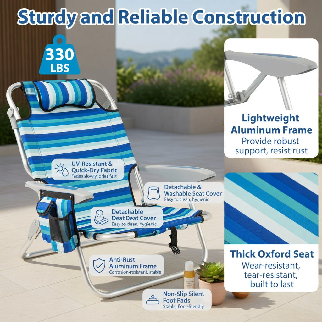 Hommoo Premium Folding Beach Chair for Adults, 4-Position Adjustable Backrest, Lightweight Aluminum Frame, Oxford Fabric Seat, Built-in Cooler Bag & Towel Bar, Blue