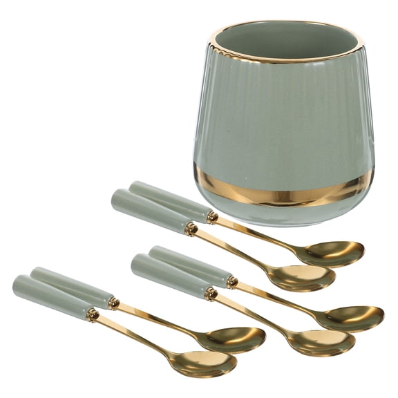 BESTYASH Light Green Ceramic and Stainless Steel Coffee Spoon Set for Kitchen 7Pcs