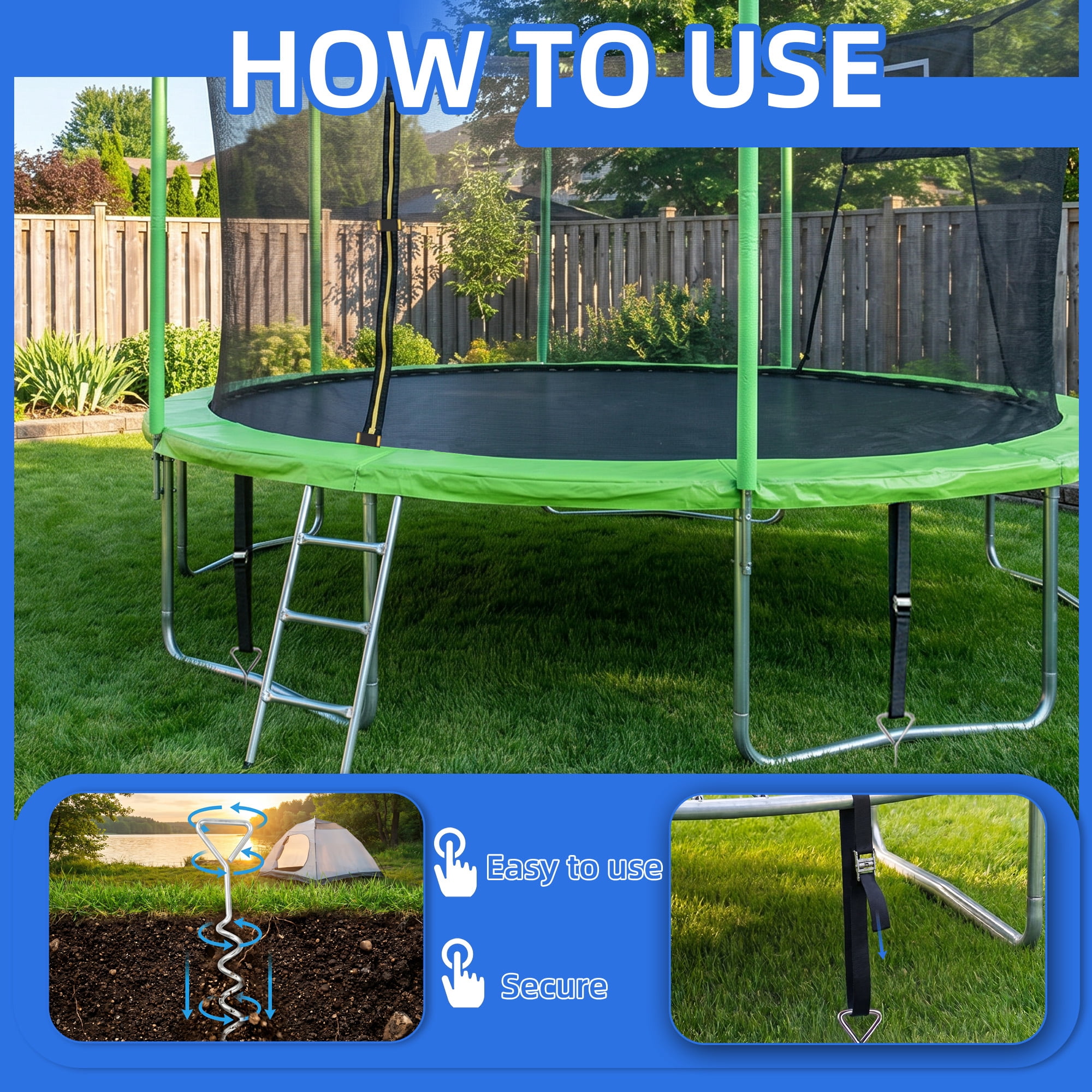 4 Pack Windproof Trampoline Stakes Anchor Kit-Steel Corkscrew Anchor, Heavy Duty Tie Down Kit with Reinforced Safety Straps, Secure Weatherproof Protection for Trampoline, Tent&Playset