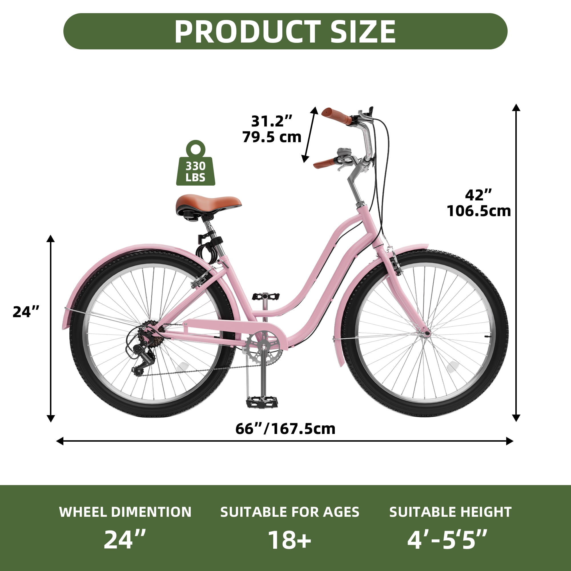 Uforic24'' Beach Cruiser Bike, 7-Speed, Step-Through Bicycle for Men & Women, Steel Frame, Pink