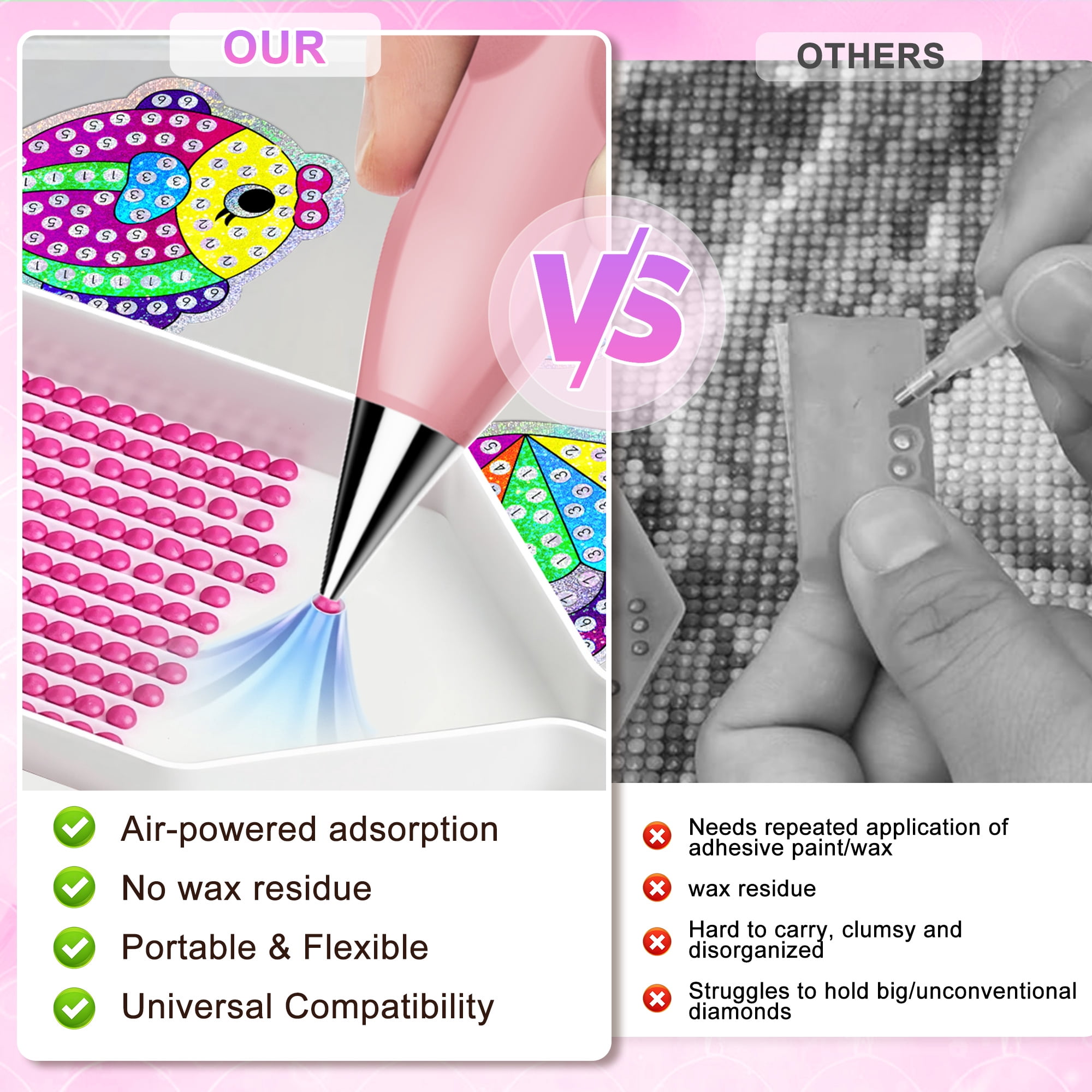Diamond Painting Pen with Vacuum Pump, No Wax Needed, Lightweight Design, 3 Adjustable Suction Mode & Rechargeable, DIY Diamond Art Accessories and Tools(Pink)