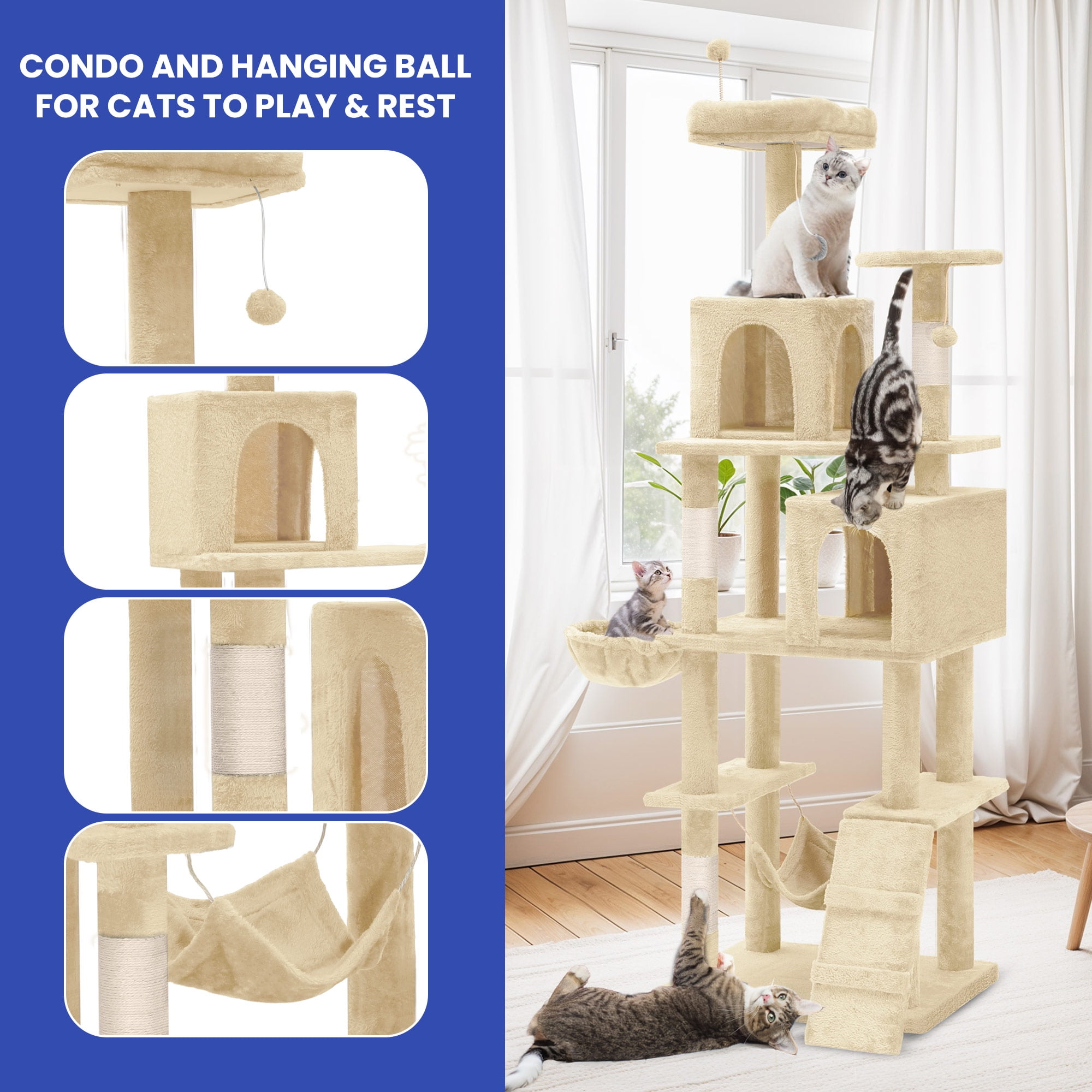 Uforic 75"Cat Tree Tower for Large Cats,Multi Level Play Tower Condo  with Scratching Posts&Hammock, Beige