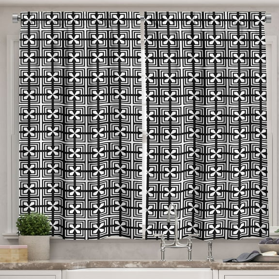 Ambesonne Vintage Kitchen Curtains, Trellis Like Geometric Art, 55"x39", Charcoal Grey White