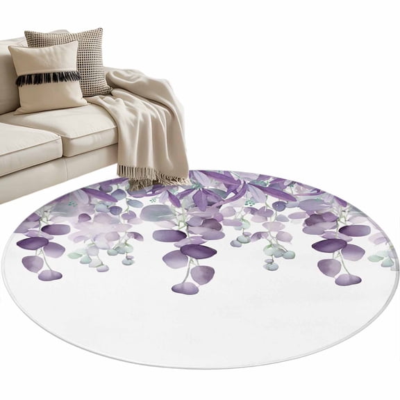 Purple Teal Botanical Round Area Rug 4 FT, Non Slip Indoor Outdoor Rug, Watercolor Spring Eucalyptus Leaves Washable Soft Circular Carpet Floor Mat for Coffee Table Nursery Foyer Balcony