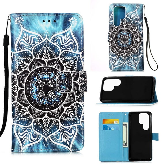 For Samsung Galaxy S22 Ultra Case, Mantto Patterned With Hand Rope Strap Cute Painted Flip Card Wallet Slots Case,Kickstand Phone Skin For Samsung Galaxy S22 Ultra 5G, Mandala