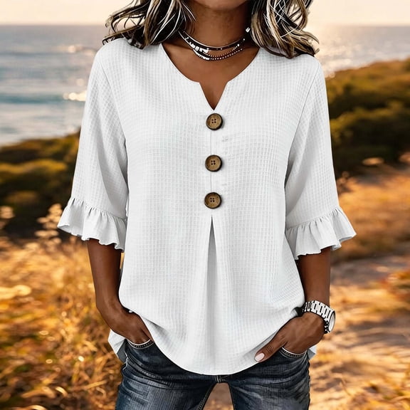 Women's 3/4 Sleeve V-Neck Plus Size Casual Fashion Blouse Loose Comfortable Top