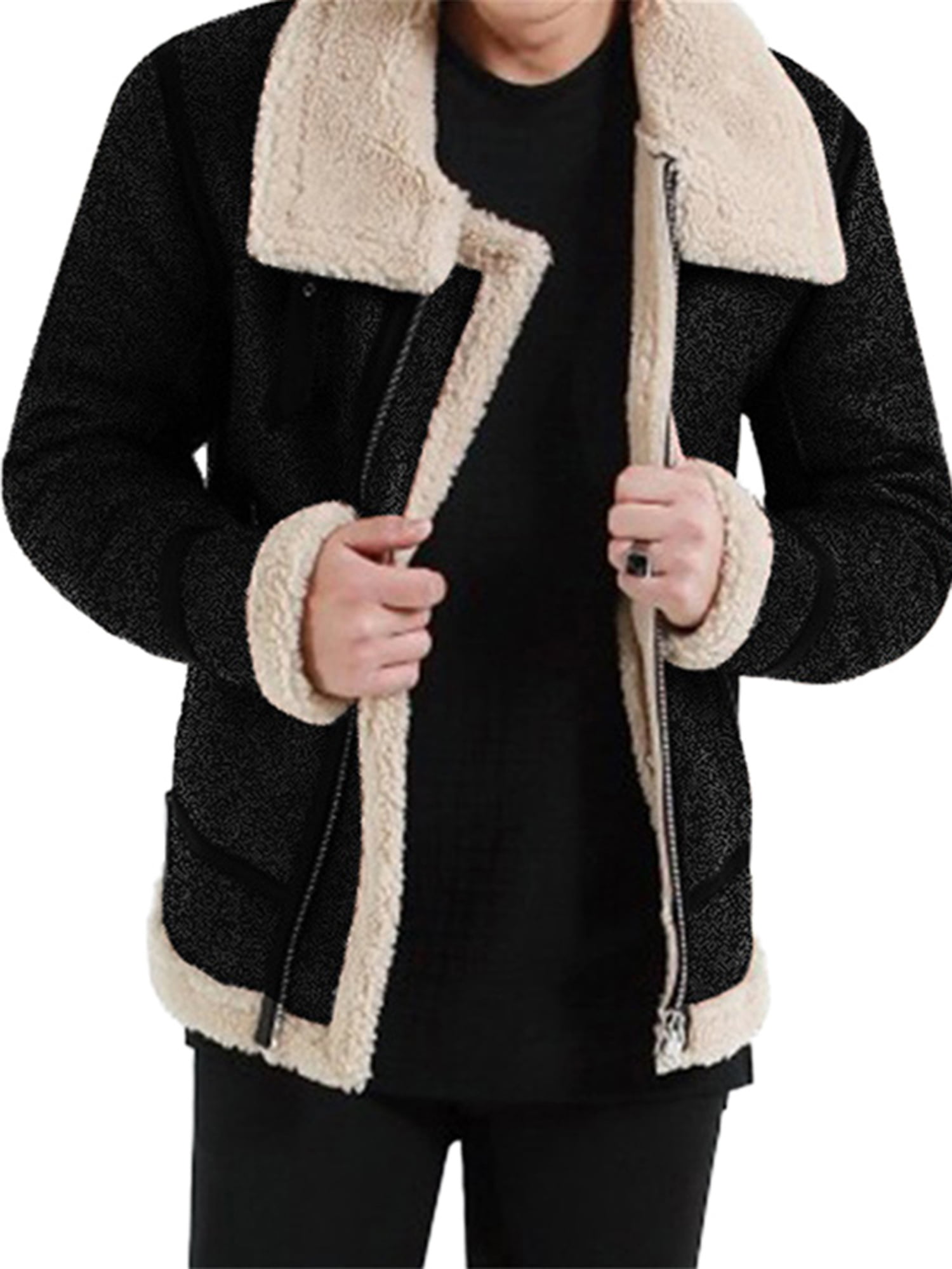 Vintage Mens Leather Lambs Fur Fleece Bomber Flight Coats Winter Jacket Overcoat
