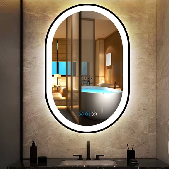 24" x 16" Black Oval LED Vanity Mirror with Lights Memory AntiFog 3 Colors Dimmable Black Metal Oval Lighted Mirror for Bathroom Wall Horizontal Vertical Mount Ovals Light up Smart Mirrors