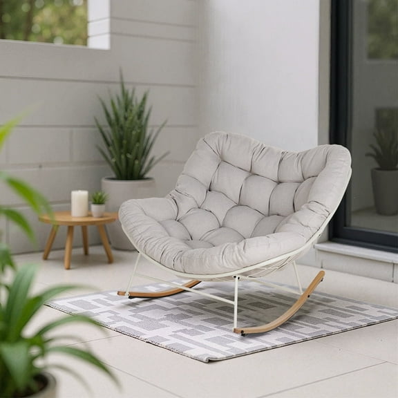 EVERITE Steel Patio Rocking Chair with Padded Cushion, Beige