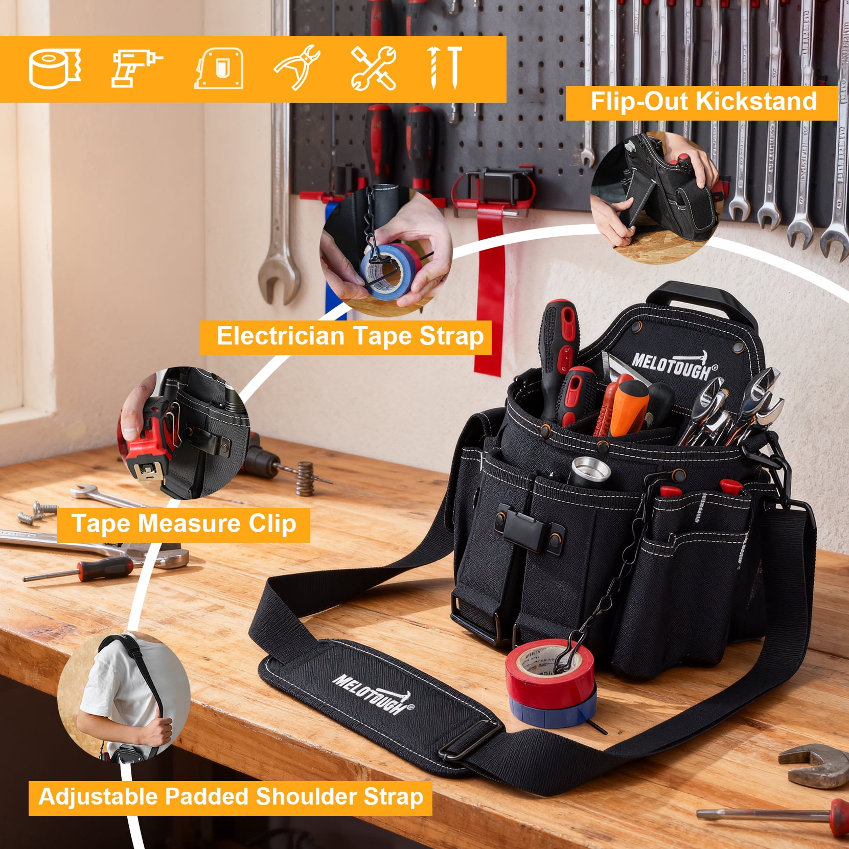MELOTOUGH Professional Small Electrician Tool Pouch for Tool Belt Pockets with Belt Clip Attachment Pockets Tradesman Tool Bag Pouch with Tape Thong Tool Holster