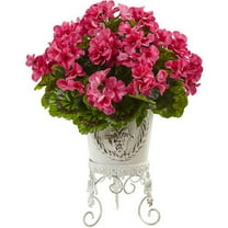 Nearly Natural Pink Geranium Artificial Flower with Metal Planter, UV Resistant (Indoor/Outdoor)