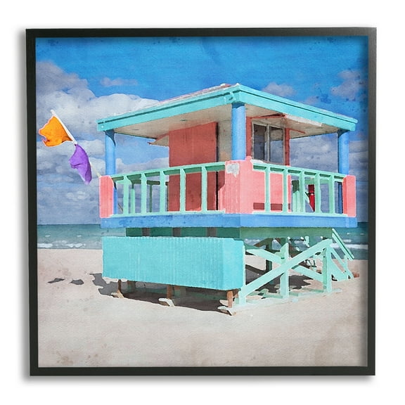 Stupell Industries Blue Summer Beach Hut Nature Painting Black Framed Art Print Wall Art, 12 x 12