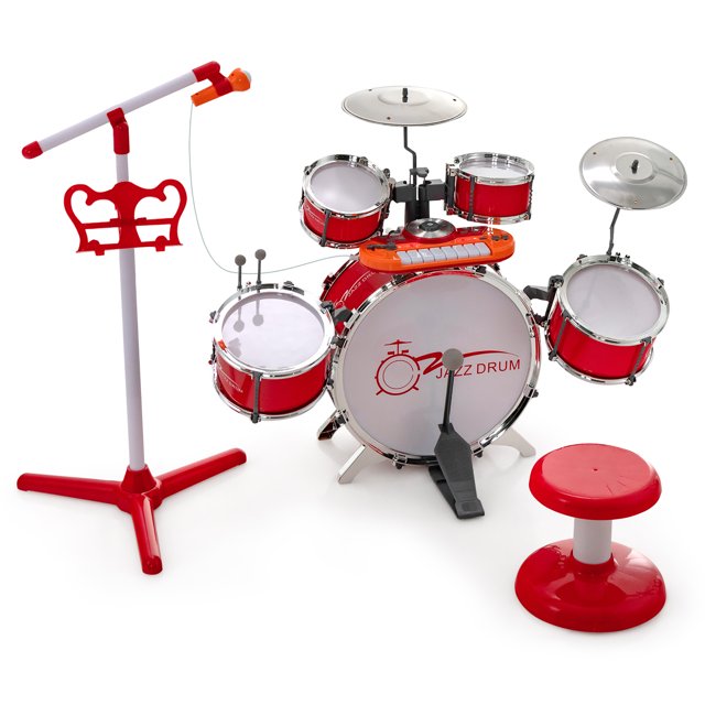 Costway Batería infantil con taburete y soporte de micrófono, batería de jazz con platillos, teclado digital multifuncional, kit de DJ, clip para teléfono móvil