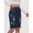 thumbnail image 4 of Blue High Waist Ripped Denim Midi Skirt With Fringe Hem, 4 of 12