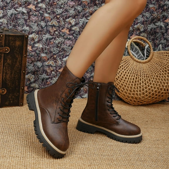 XUNKUSGA Ankle Boots for Women Fashion Solid Color 7-Eye Lace-Up Womens Boots Thick-Soled Large Size Fall Winter Booties for Women with Side Zipper 36-43 Brown