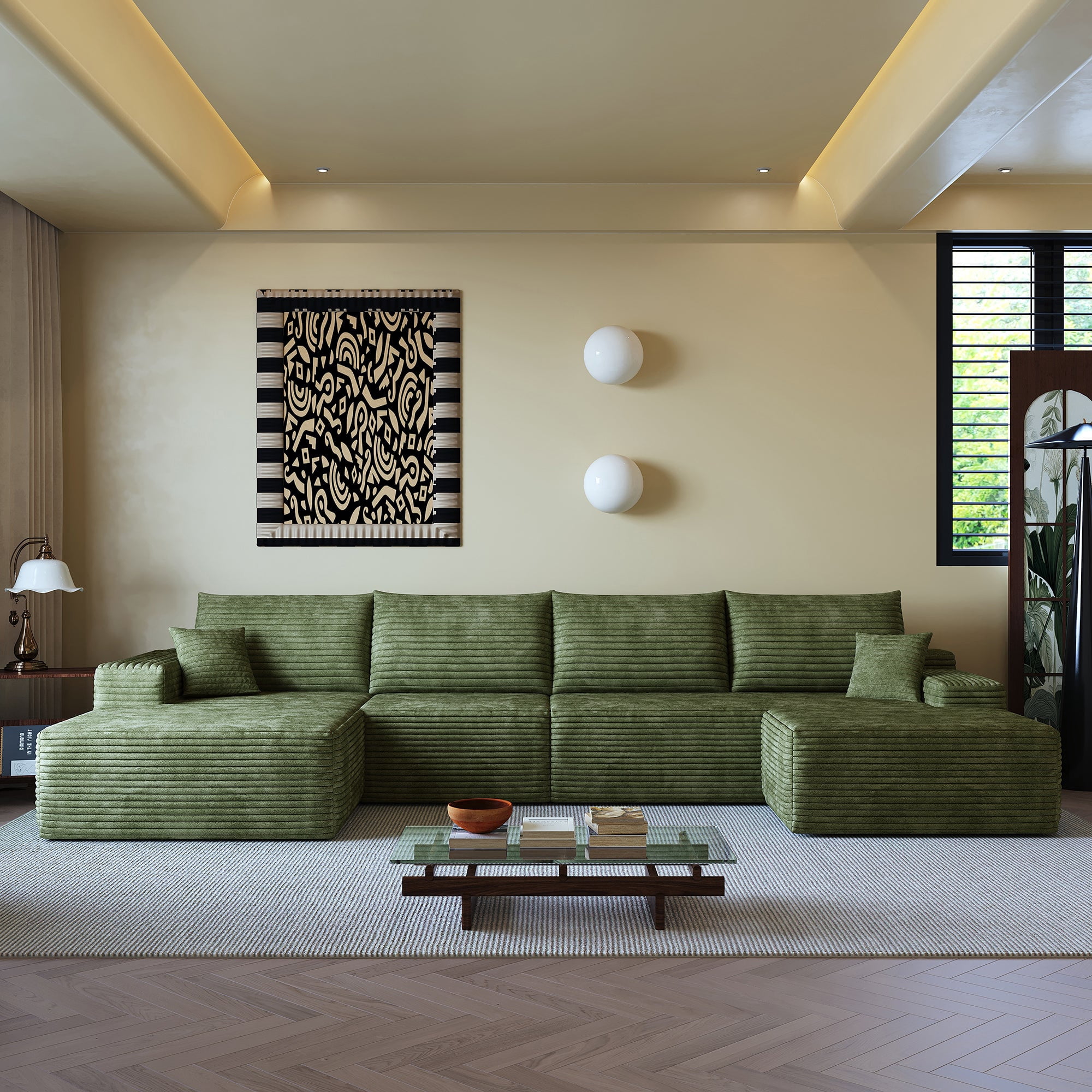 Sailvan 135" Cloud Sectional Couch, Cloudy Sofa with L-Shape Chaise & Ottoman, Upholstered Couches for Living Room & Bedroom, No Assembly Required, Plush Corduroy Fabric, Green