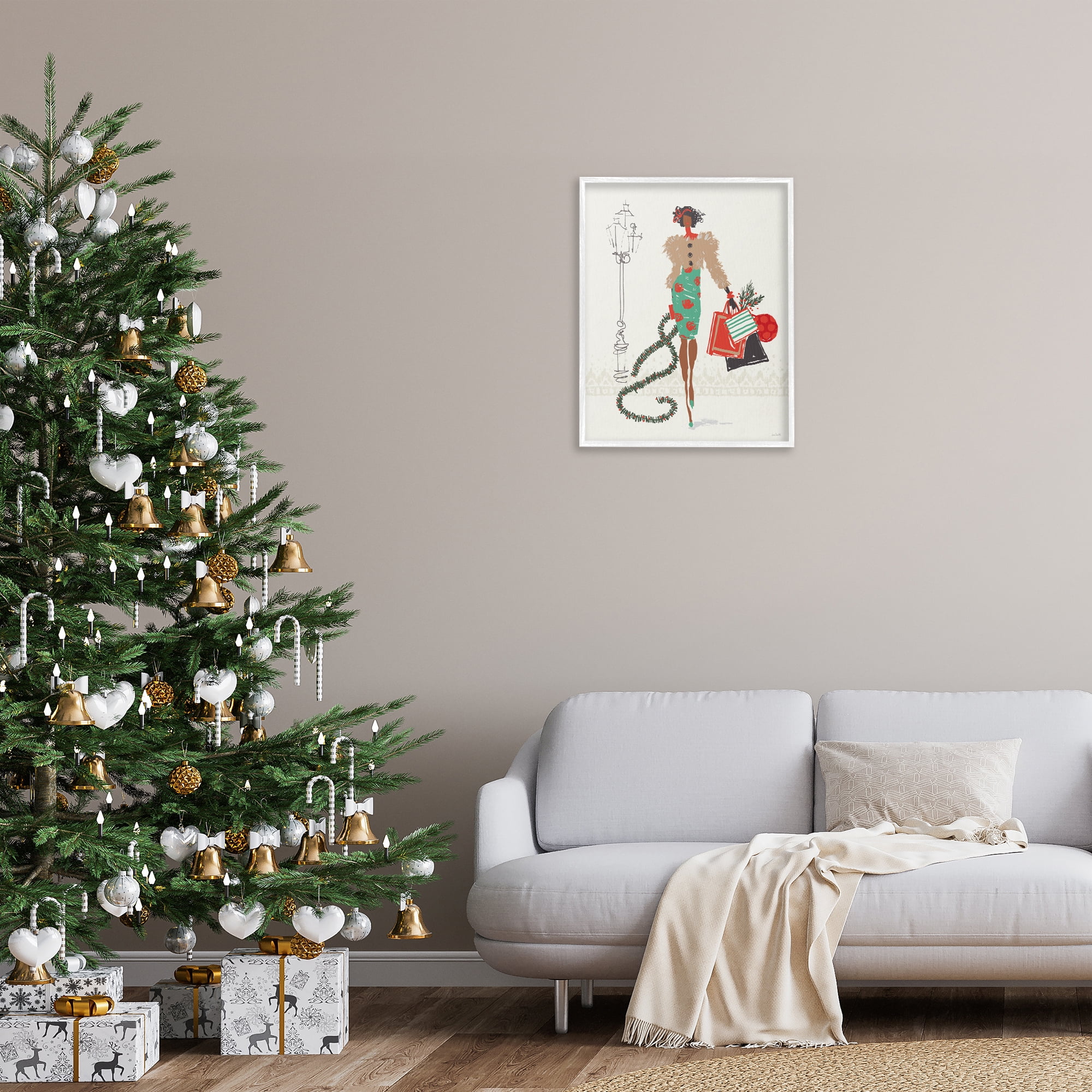 Stupell Industries Festive Shopping Girl Holiday Painting White Framed Art Prints Wall Art, 24 x 30