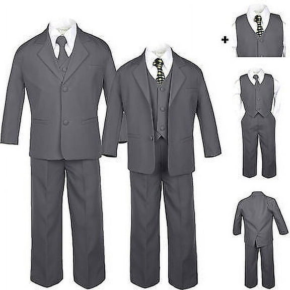 Baby Boy Kid Teen Dark Gray Wedding Formal Party Tuxedo Suit Dot Black Tie S-20