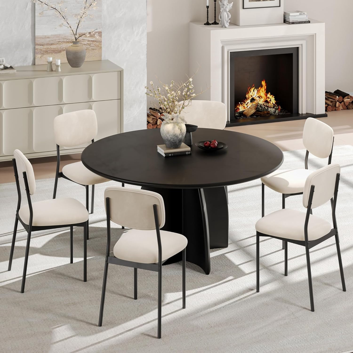 Upholstered Dining Chairs Set of 6, Stackable Modern Dining Room Chairs, Kitchen Chairs w/Soft Velvet Backrest & Sturdy Metal Legs ,Cream Beige