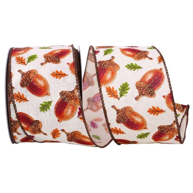 Reliant Ribbon 93299W-799-40F 2.5 in. Acorn Leaf Muslin Wired Edge Ribbon, Ivory & Brown - 10 Yards
