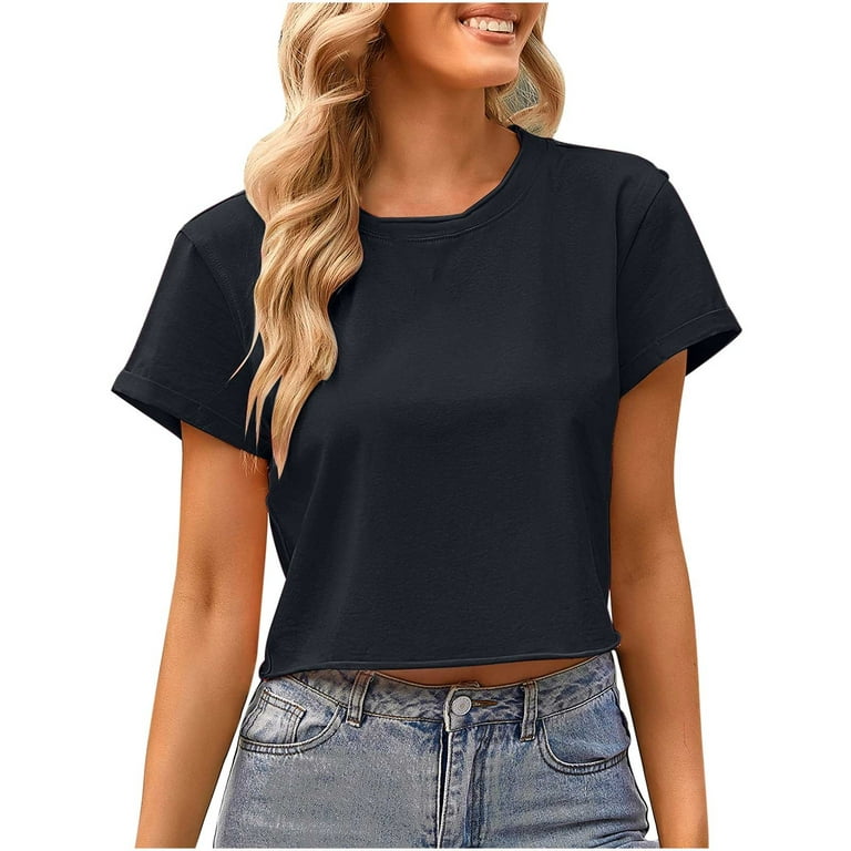 Hfyihgf Women's Summer Crop Tops Teen Girls Y2K Streewear Casual Loose Fit  Plain Short Sleeve Round Neck T-Shirt Basic Tees(Navy,XXL)
