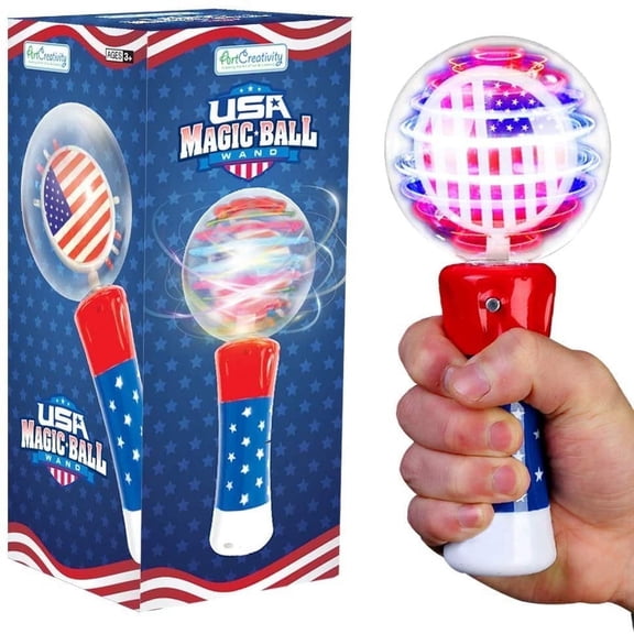 ArtCreativity LED Light-up Magic Ball Wand, Patriotic Spinning Toy, 7.5 in, Kids 3 , Flashing, Handheld, Party Favor, Fun Outdoor Indoor Toy