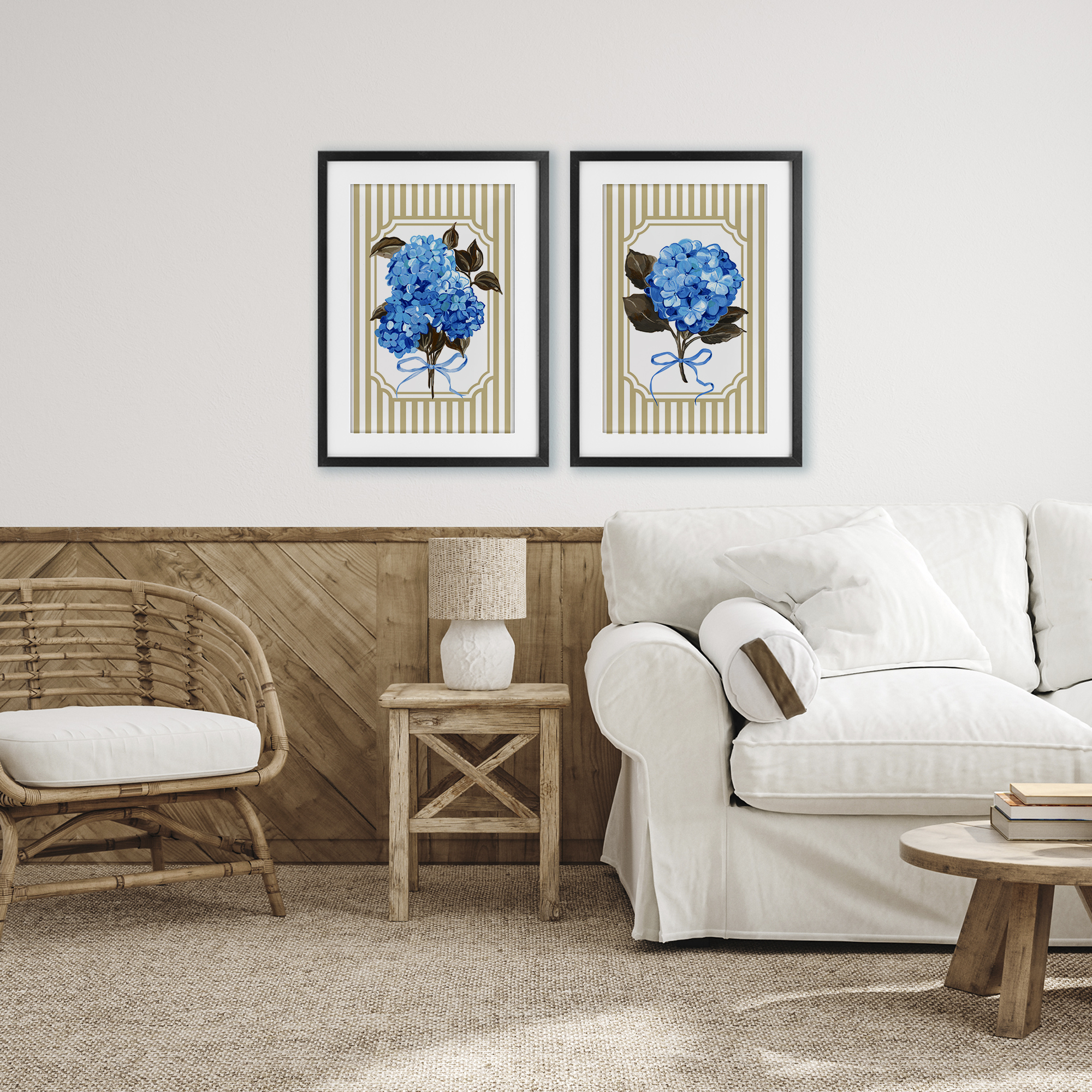 Hydrangea Bouquets with Bows 2 Piece Black Framed Print Under Glass Set, design by Adonna Ebrahimi