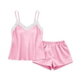 thumbnail image 5 of Satin Silk Pajamas for Women V Neck Lace Trim Spaghetti Strap Cami Top and Shorts Set 2 Piece Summer Sleepwear Pjs, L, 5 of 8