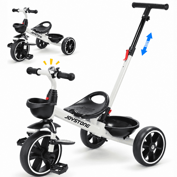 JoyStone 2-in-1 Toddler Tricycle, Kids Trike with Steerable Parent Push Handle, Foldable Footrest, Front & Rear Baskets, Bell, White