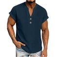 thumbnail image 2 of UVEASISHA Mens V Neck T Shirts Cotton Linen Casual Button Up Shirt Big and Tall Short Sleeve Lightweight Henley Shirts Lightweight Breathable Summer Tops Navy XXXXL, 2 of 9