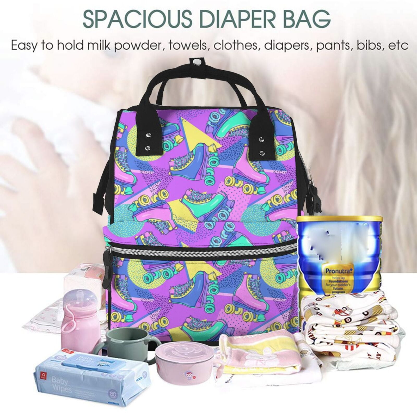 Ratiio Disco Roller Skates Mummy Backpack - Waterproof Twill Canvas, Large Capacity Diaper Bag with Multiple Pockets and Adjustable Straps