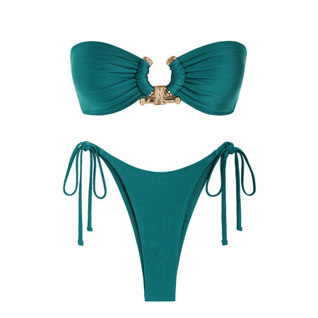Solid O Ring 2024 New Swimsuit For Women Tie Side Shiny Metal Hardware Ring Bandeau Bikini Swimwear Padded Bra Top Low Waisted