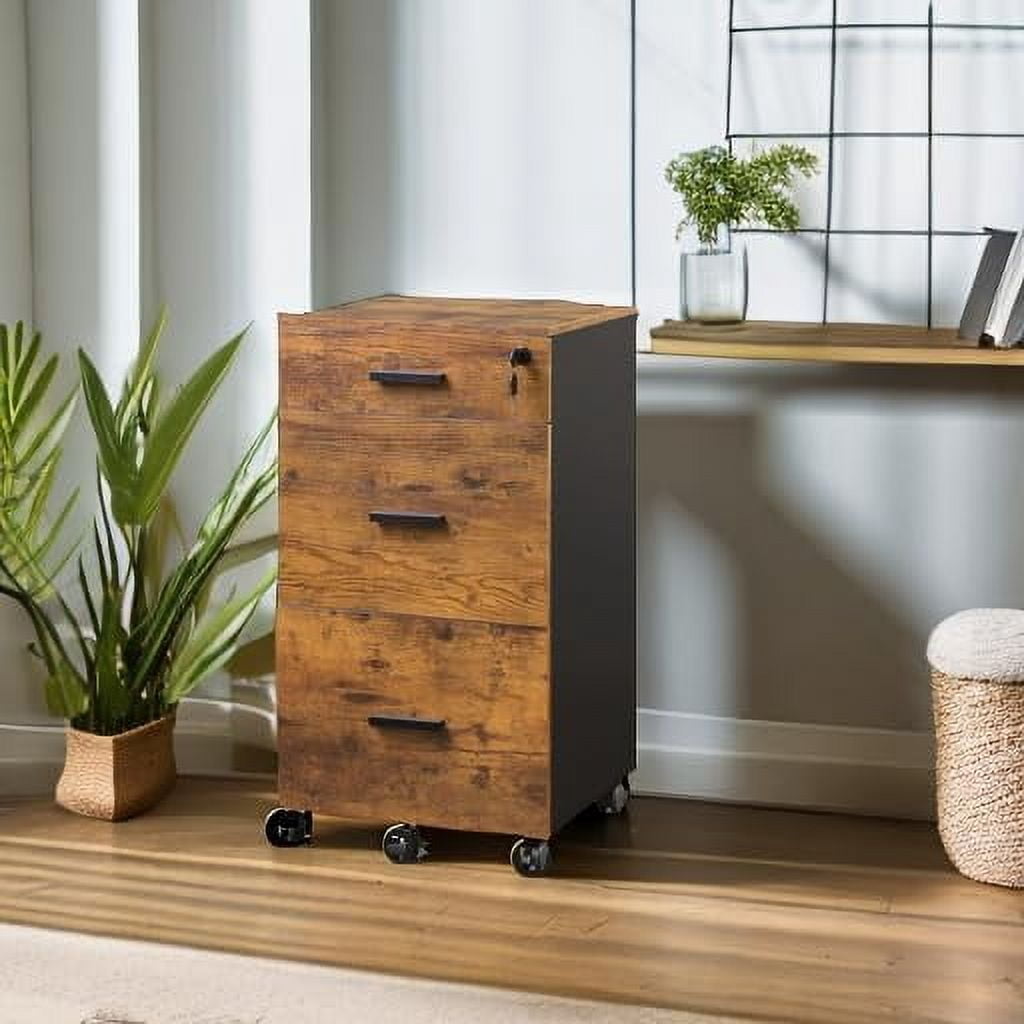 3 Drawer Rolling File Cabinet with Lock, Wood Filing Cabinet fits Letter / A4 Size for Home Office, Rustic Brown