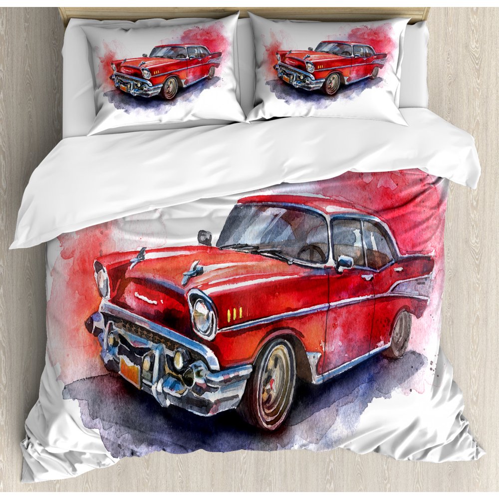 Watercolor Duvet Cover Set, Hand Drawn Old Fashioned Car Antique