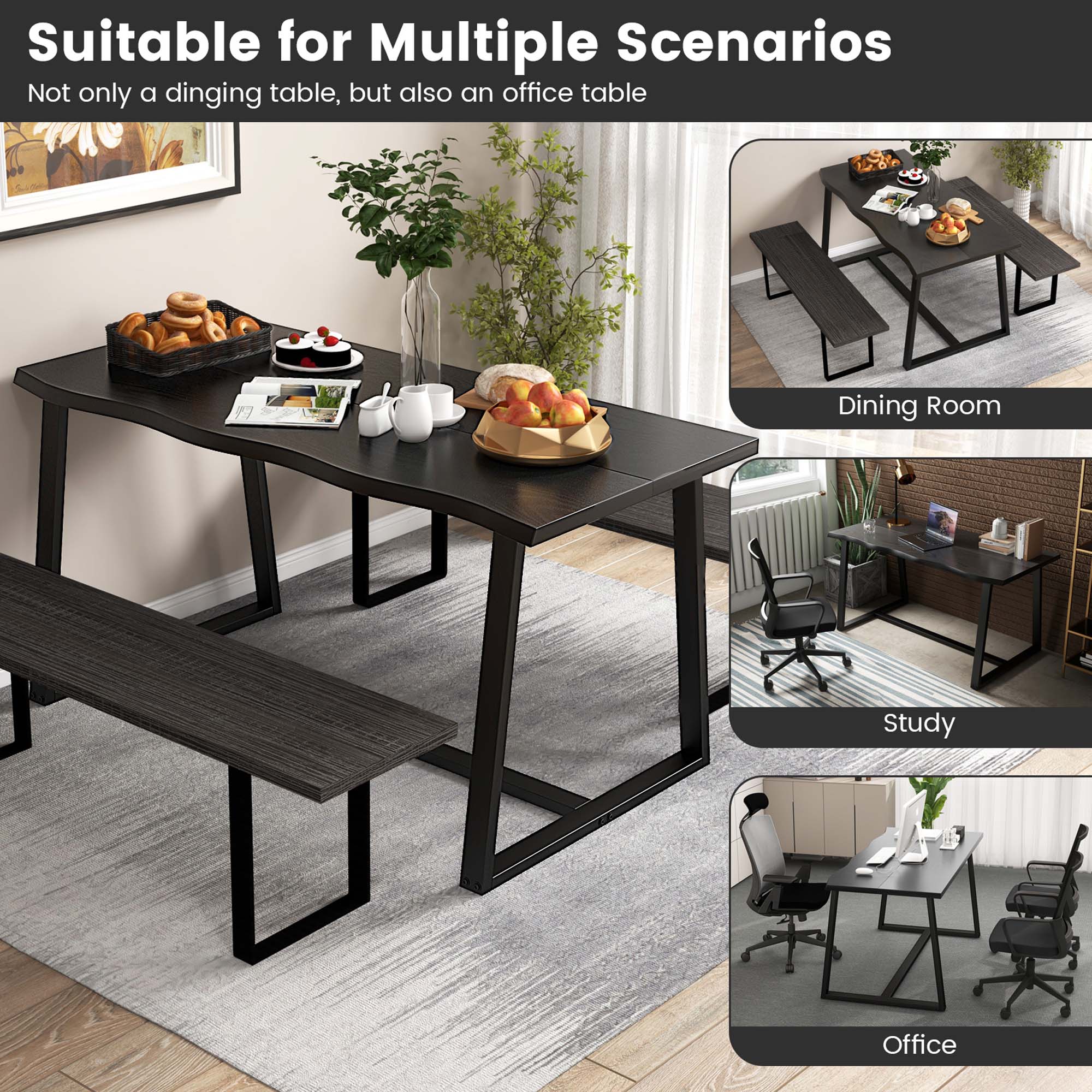 Costway 63" Large Dining Table for 4-6 People with Wavy Edge Heavy-duty Metal Frame Black