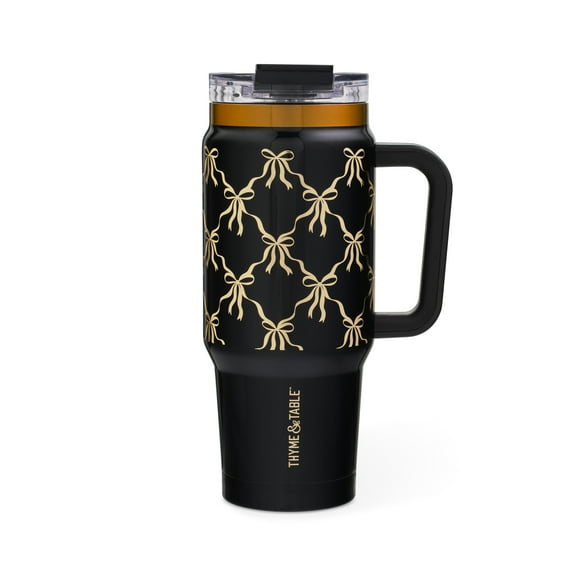 Thyme & Table 32oz Stainless Steel Luna Tumbler with Handle and Dual Straw Lid, Black Bow