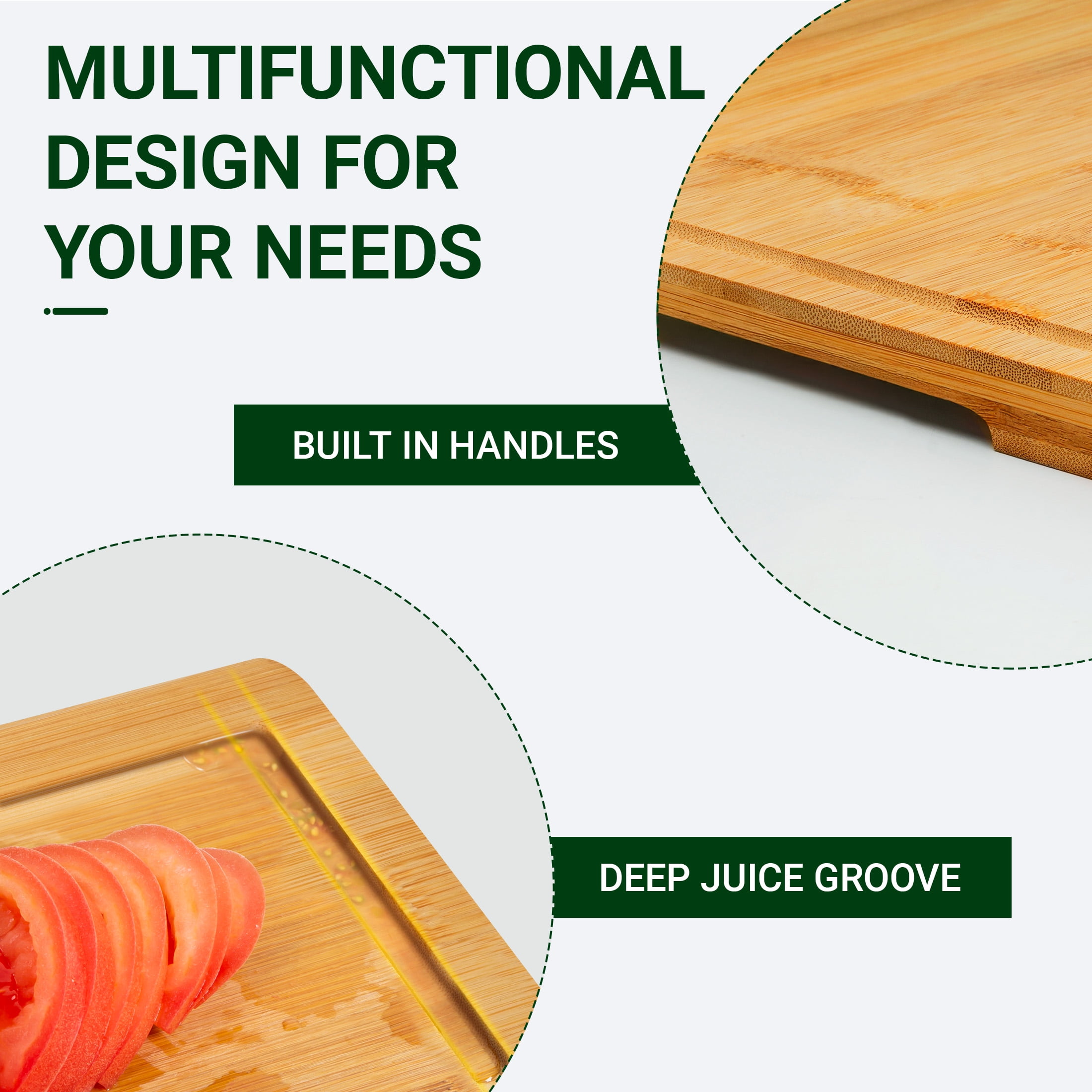 Kikcoin Bamboo Cutting Boards for Kitchen, with Deep Juice Groove and Inner Handle, 17.1" x 11.4"