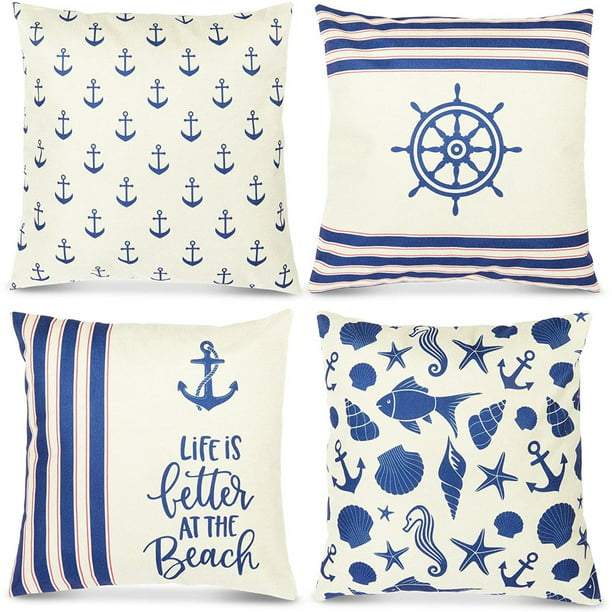 Set Of 4 Nautical Boat Theme Decorative, Outdoor Pillows Nautical Theme