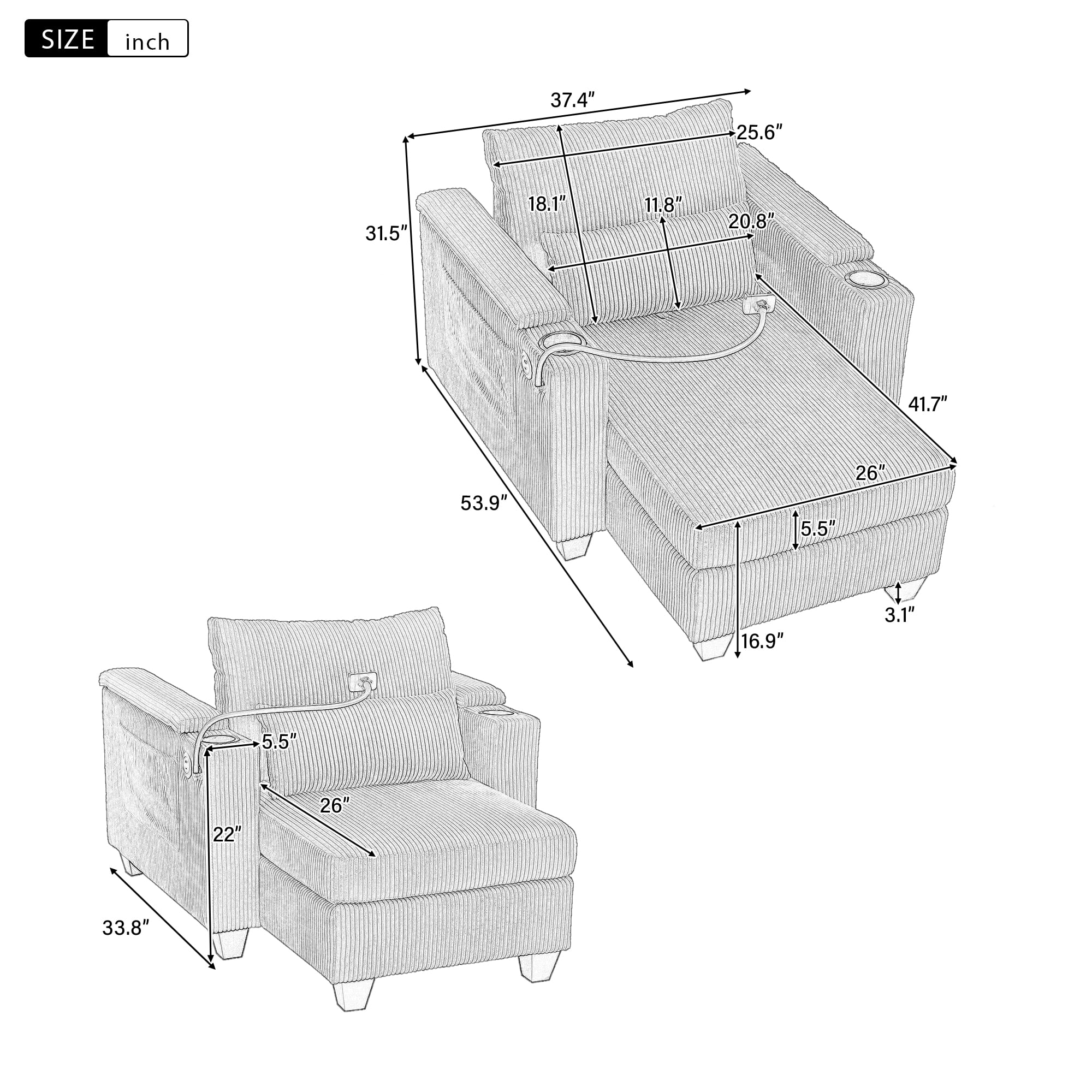 Euroco Convertible Sofa Chair with Chaise Lounge Extension, Hidden Armrest Storage, USB Charging Ports, Phone Holder & Cup Holders, Corduroy Fabric Recliner with Lumbar Pillow, for Small Spaces