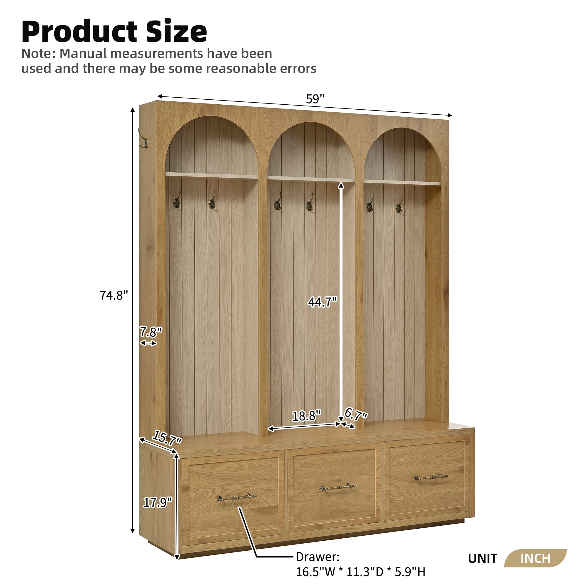 T-Foyer Farmhouse Natural Hall Tree with 8 Hooks & Arched Design, Wooden Rustic Entryway Organizer with Open Storage & 3 Drawers