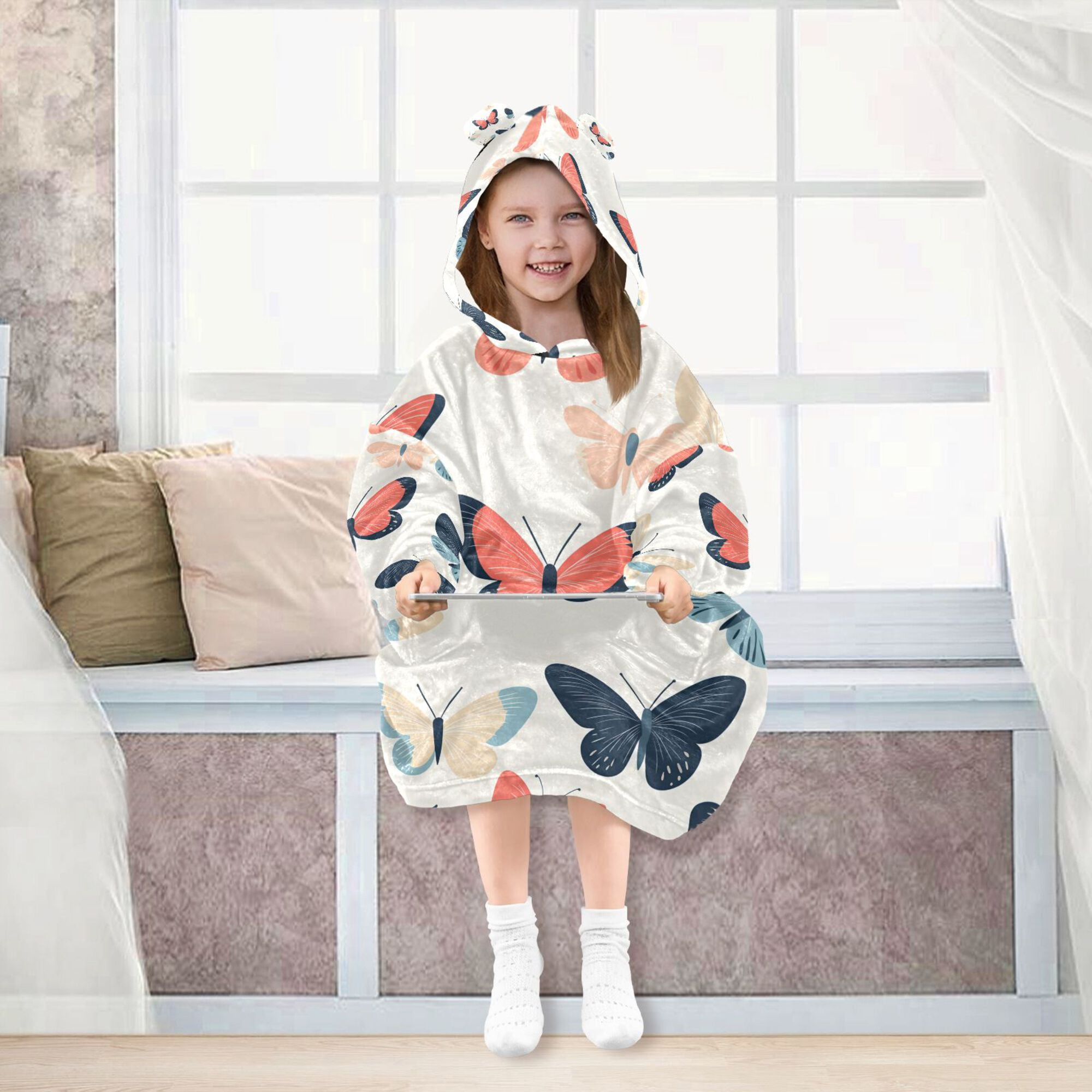 FORMRS Wearable Blanket Hoodie with Sleeves for Kids Cozy Flannel Sweatshirt, Beige Butterflies