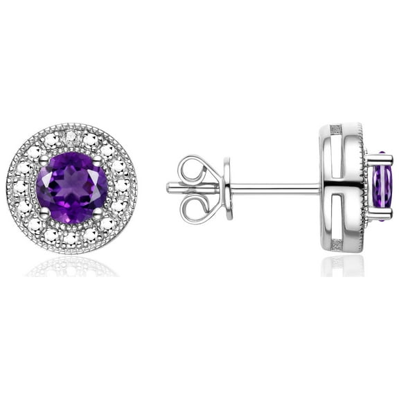 Rylos 14K White Gold Halo Stud Earrings - 4MM Round  Amethyst & Sparkling Diamonds -  Exquisite Birthstone Jewelry