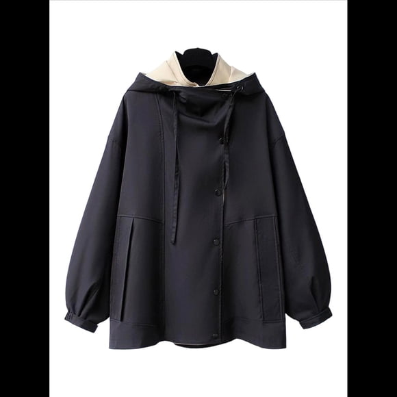 Gabardina con Capucha para Mujer, Chaqueta con Solapa y Botones, Cortavientos de Longitud Media con Bloques de Color Negro XXXL
