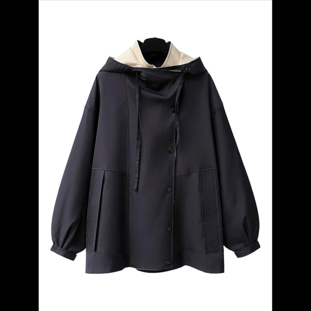 Gabardina con Capucha para Mujer, Chaqueta con Solapa y Botones, Cortavientos de Longitud Media con Bloques de Color Negro XL