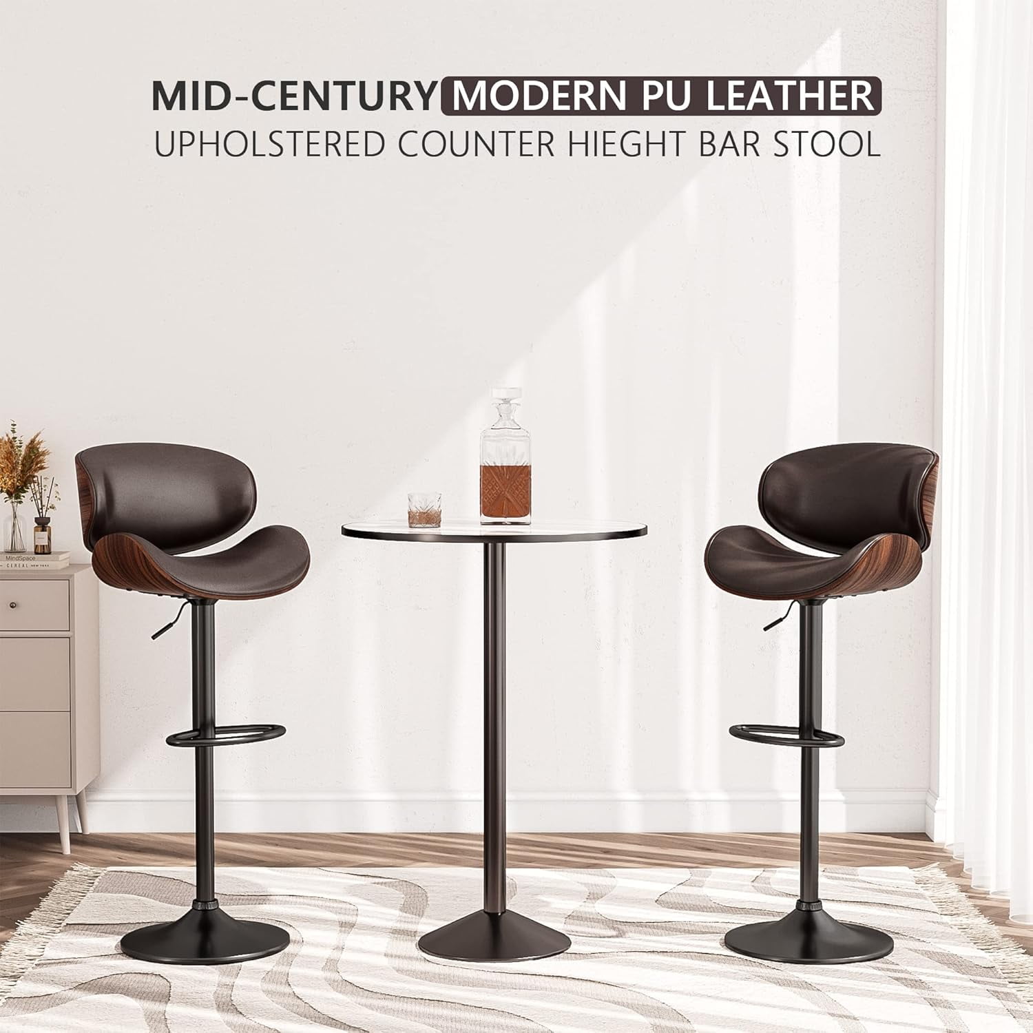 Bar Stools Adjustable Swivel Barstools Counter Stools with Back Sets of 2, Mid-Century Modern PU Leather Upholstered Counter Height Barstools, Kitchen Island Bar Chairs, Brown