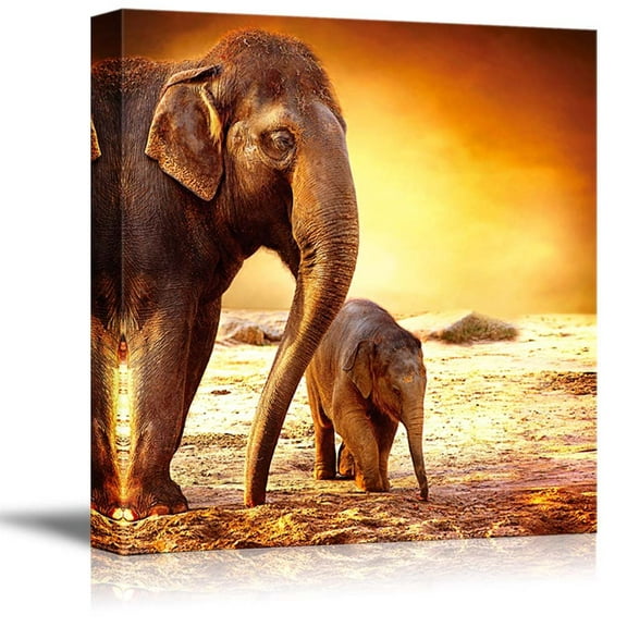 wall26 - Canvas Prints Wall Art - Elephant Family on a Barren Desert with Gorgeous Sunset | Modern Wall Decor/Home Decoration Stretched Gallery Canvas Wrap Giclee Print. Ready to Hang - 12" x 12