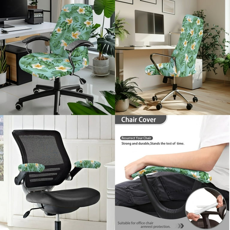 Scrawlgod Plumeria Monstera Leaf 3 Pieces Universal Computer Chair Cover with Armrest Protector Stretch Swivel Chair Slipcover Easy to Remove Anti-